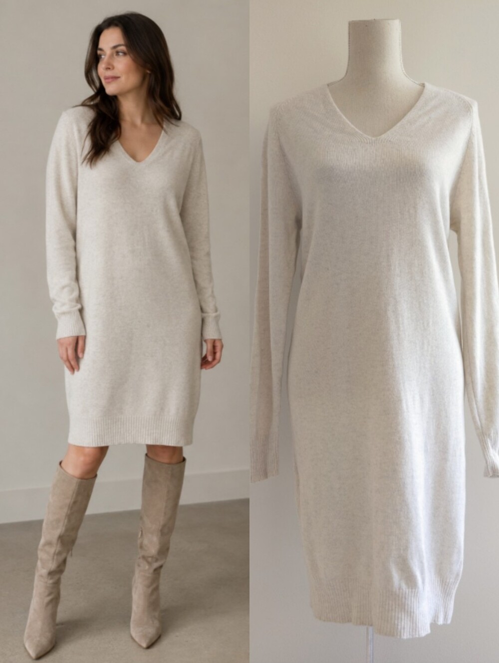 Vince Cashmere Wool Heathered Cream V-Neck Long Sleeve Knit Sweater Dress